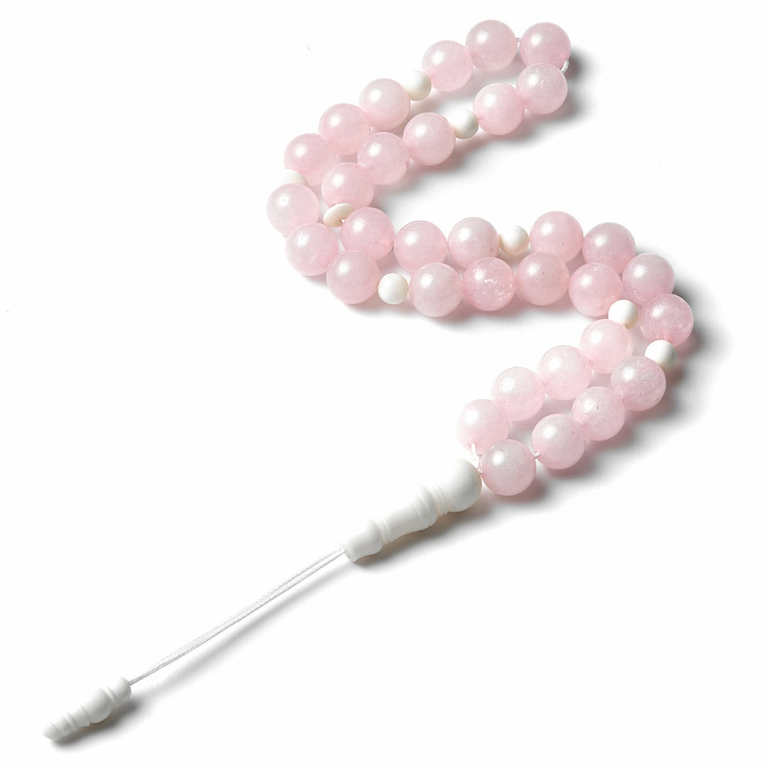 The Voyager Misbaha Bracelet: Rose Quartz and Dromedary - 33 Beads, 10mm