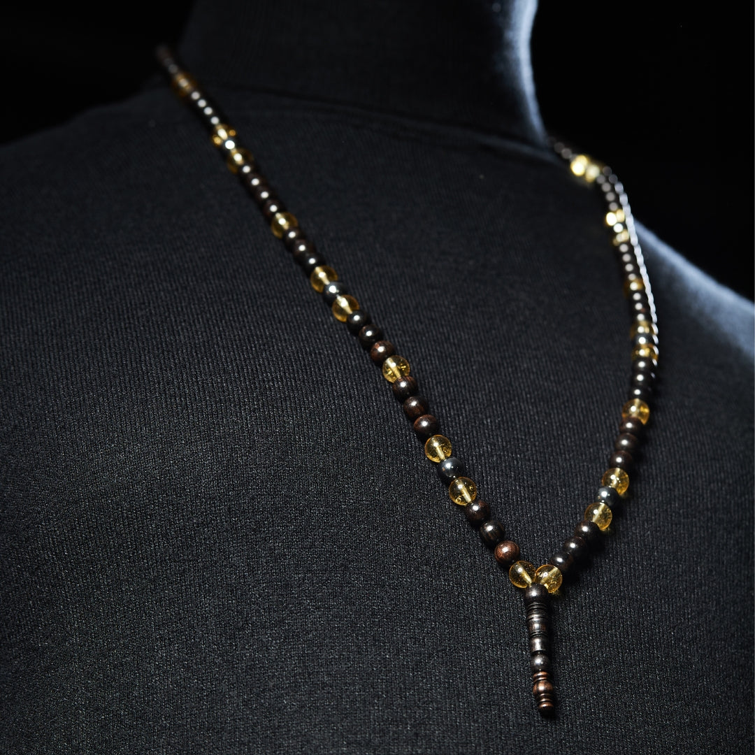 The Luminous Misbaha Necklace: Citrine, Hematite, and Ebony- 99 Beads, 8mm