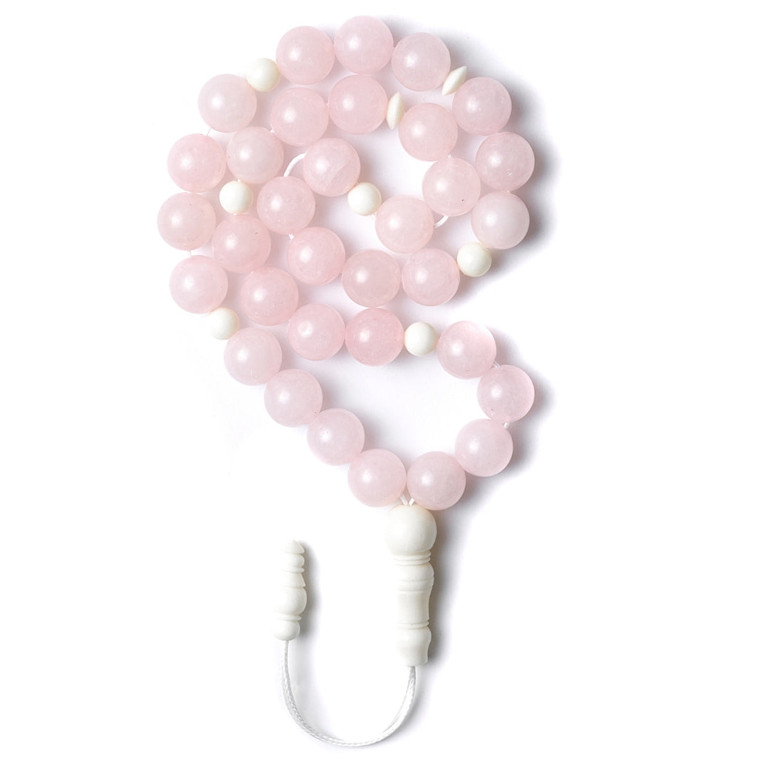 The Voyager Misbaha Bracelet: Rose Quartz and Dromedary - 33 Beads, 10mm