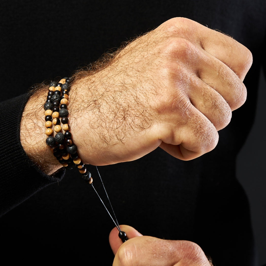 The Traveller Misbaha Bracelet: Mosaic Ebony and Lava - 99 Beads, 6mm