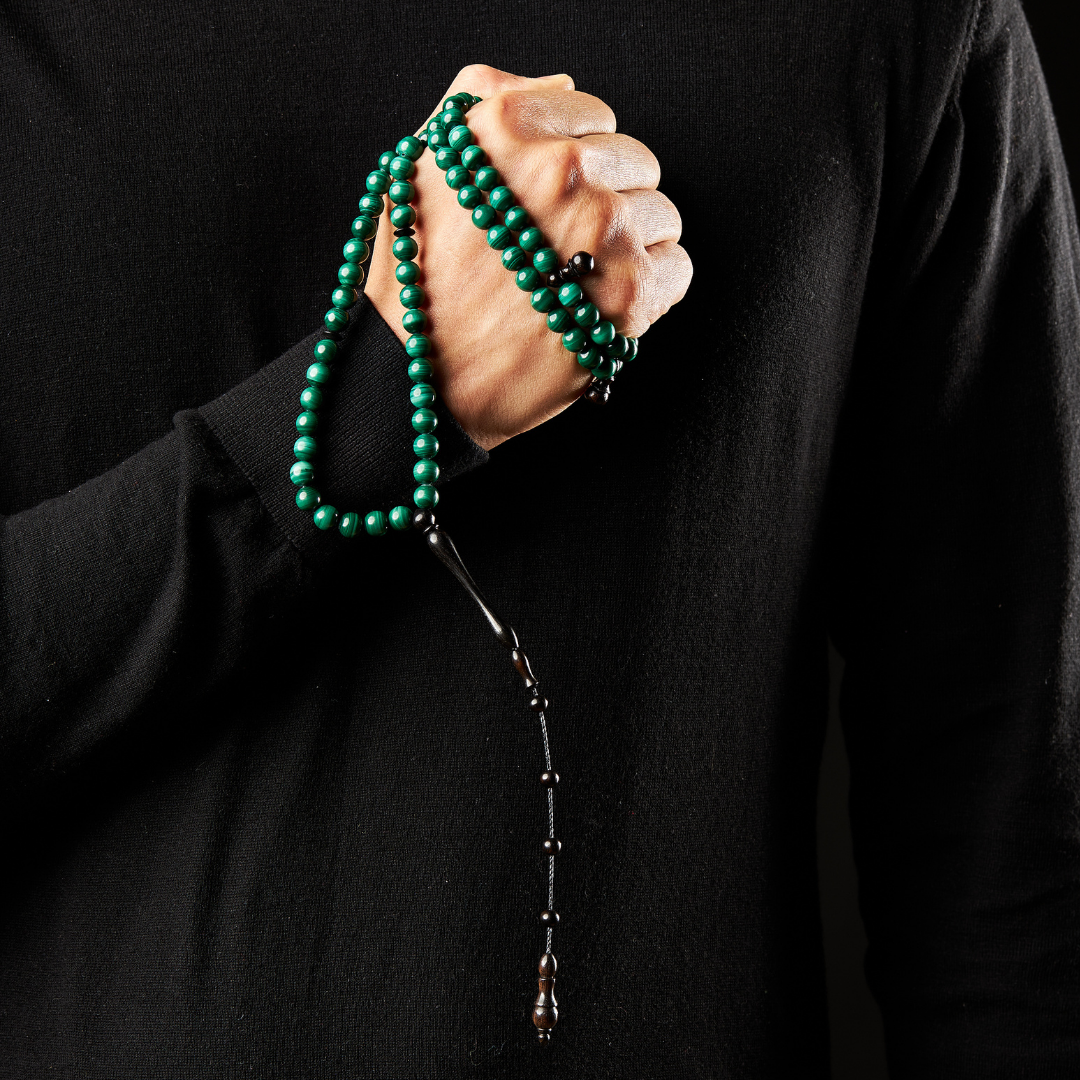The Majestic Misbaha: Malachite and Ebony - 99 Beads,8mm
