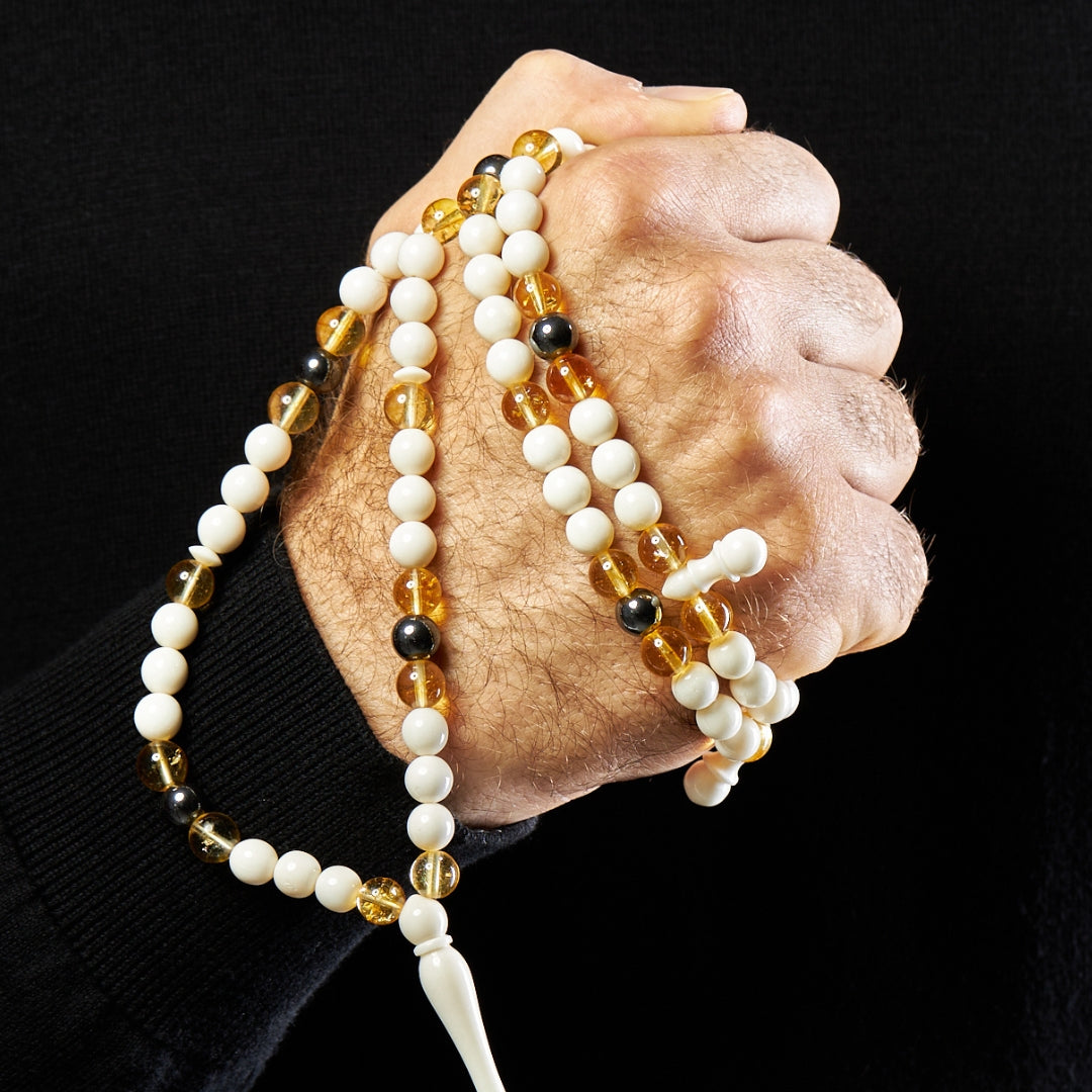 The Hadid Misbaha: Citrine, Hematite, and Dromedary - 99 Beads, 8mm