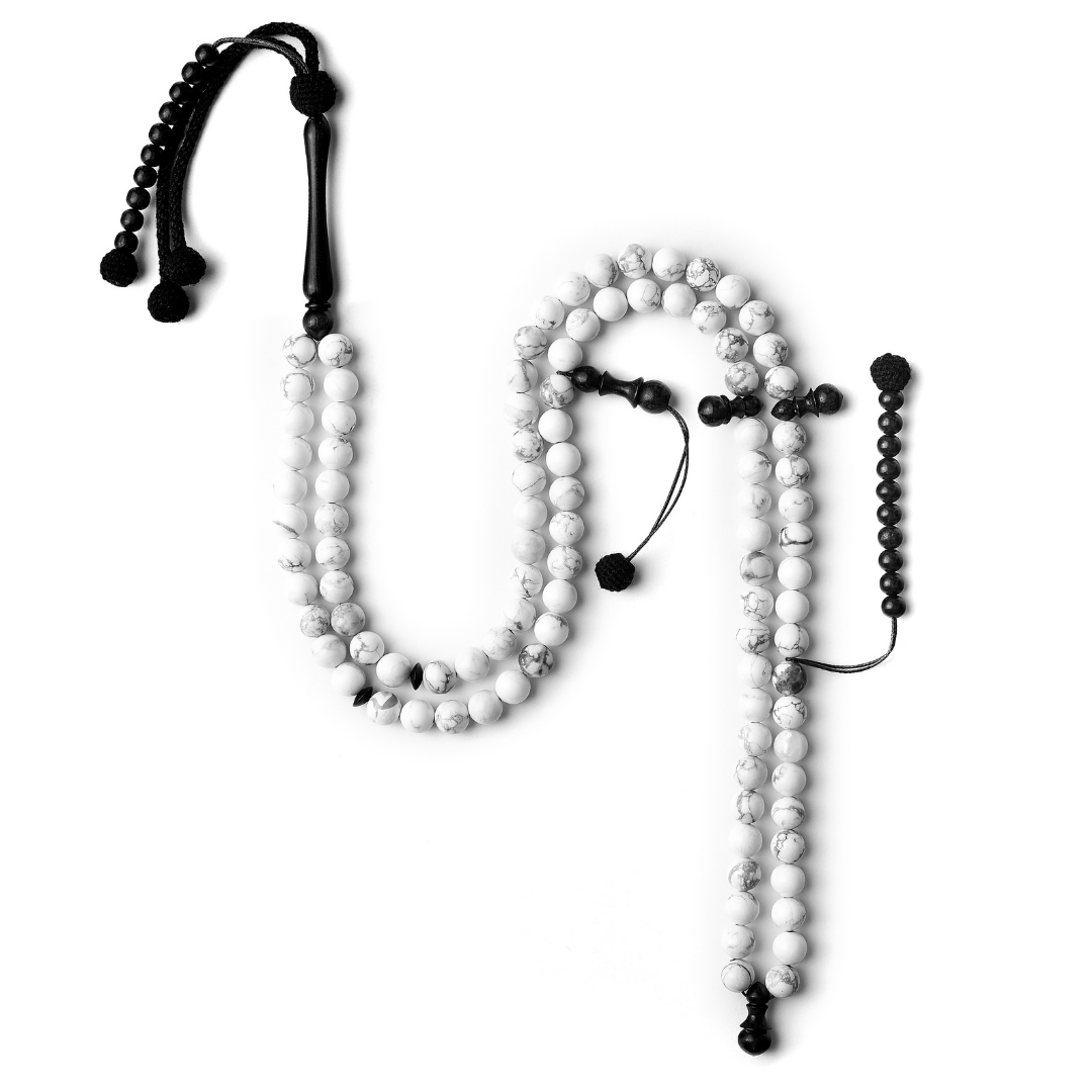 The Soothing Misbaha: Howlite and Ebony - 100 Beads, 8mm