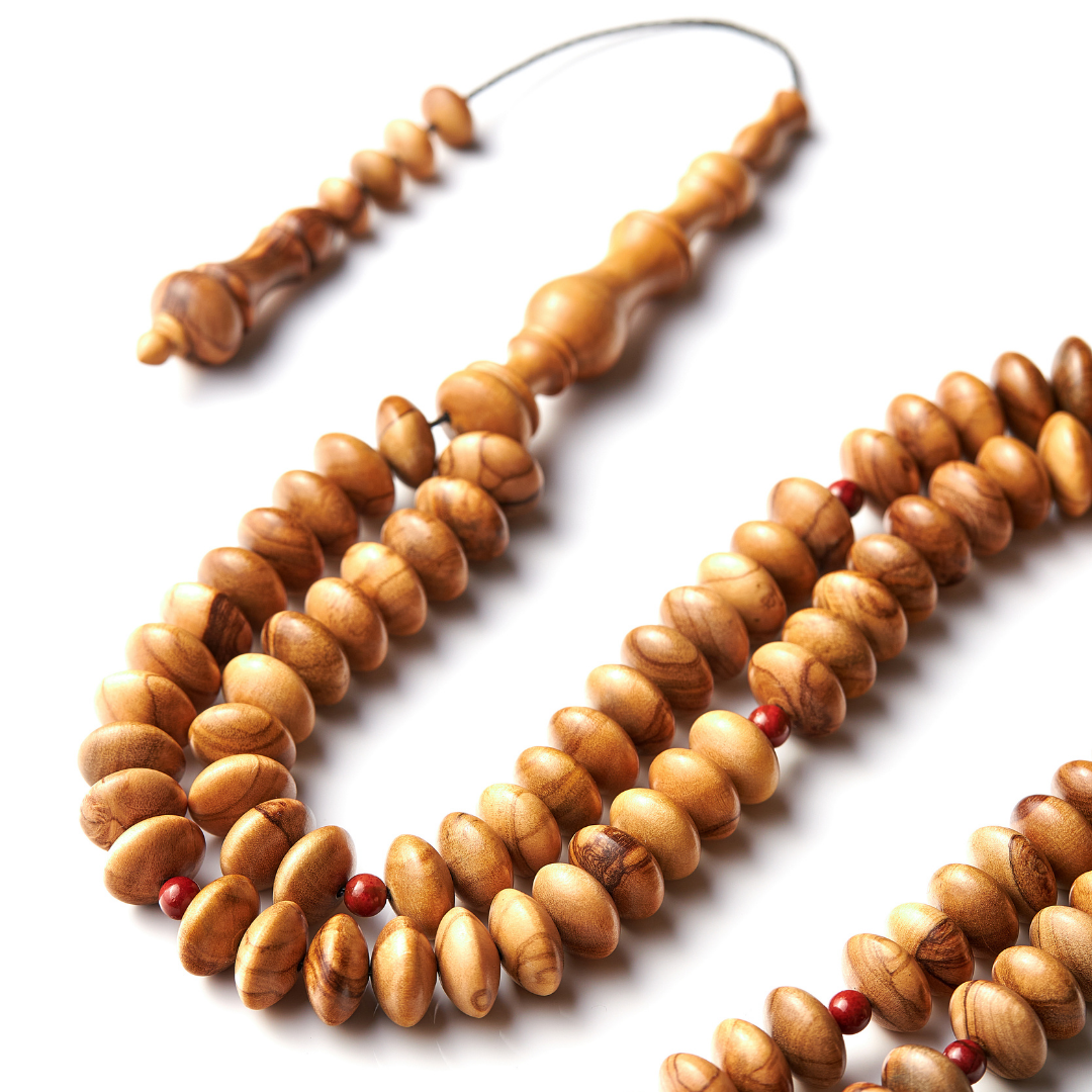 The Dazzling Disk Misbaha: Olive Wood and Jasper - 99 Beads, 12mm