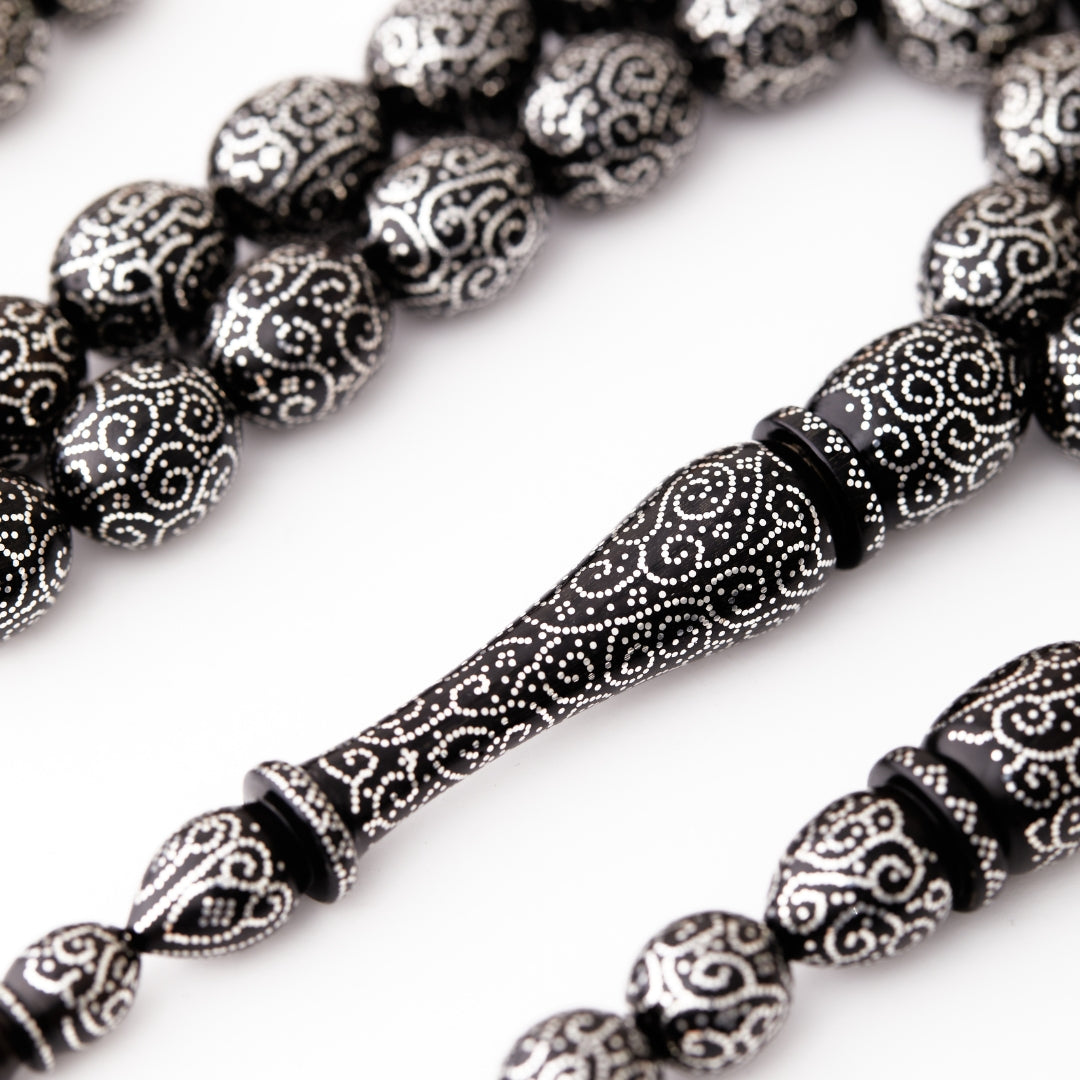 The Serene Spirals Masterclass Misbaha- Ebony and Fine Silver (999) : 33 Beads, 13mm