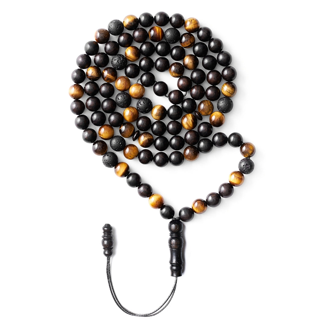 The Companion Misbaha Bracelet: Tiger's Eye, Ebony, and Lava - 99 Beads, 8mm