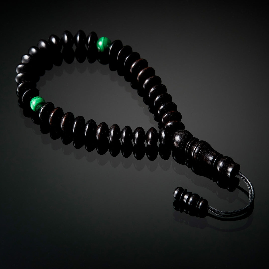 The Nomad Misbaha Bracelet - Ebony and Malachite, 33 Beads, 8mm