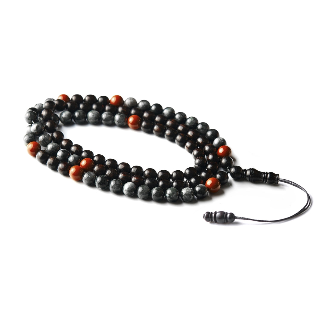 The Falcon Misbaha Bracelet: Red Jasper, Hawk’s Eye & Ebony - 99 Beads, 8mm