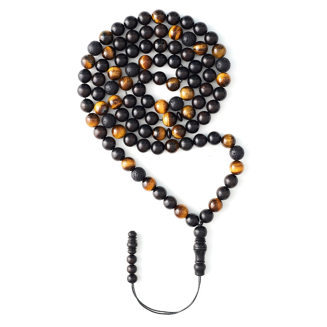 The Companion Misbaha Bracelet: Tiger's Eye, Ebony, and Lava - 99 Beads, 8mm