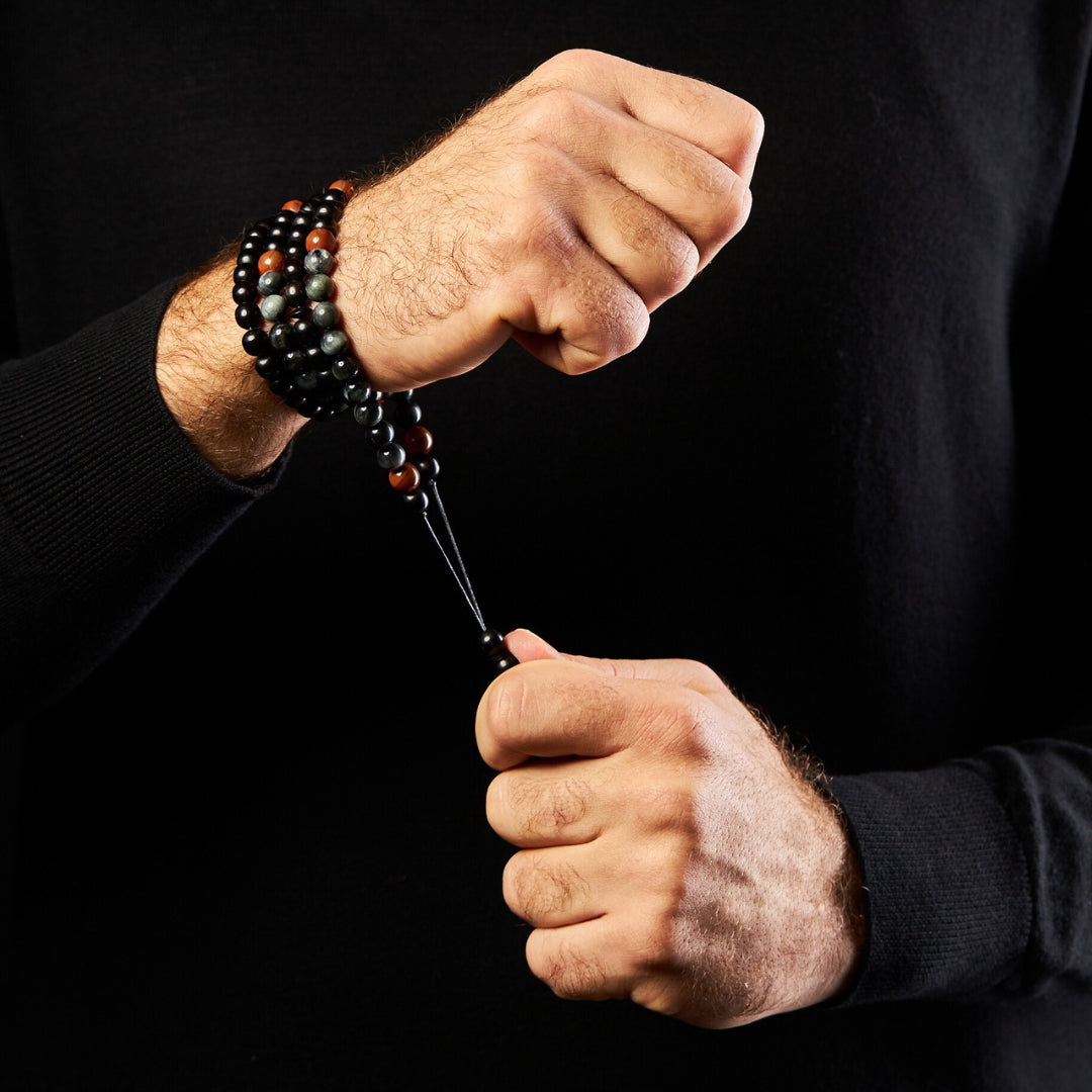 The Companion Misbaha Bracelet: Hawk's Eye, Jasper and Ebony - 99 Beads, 8mm