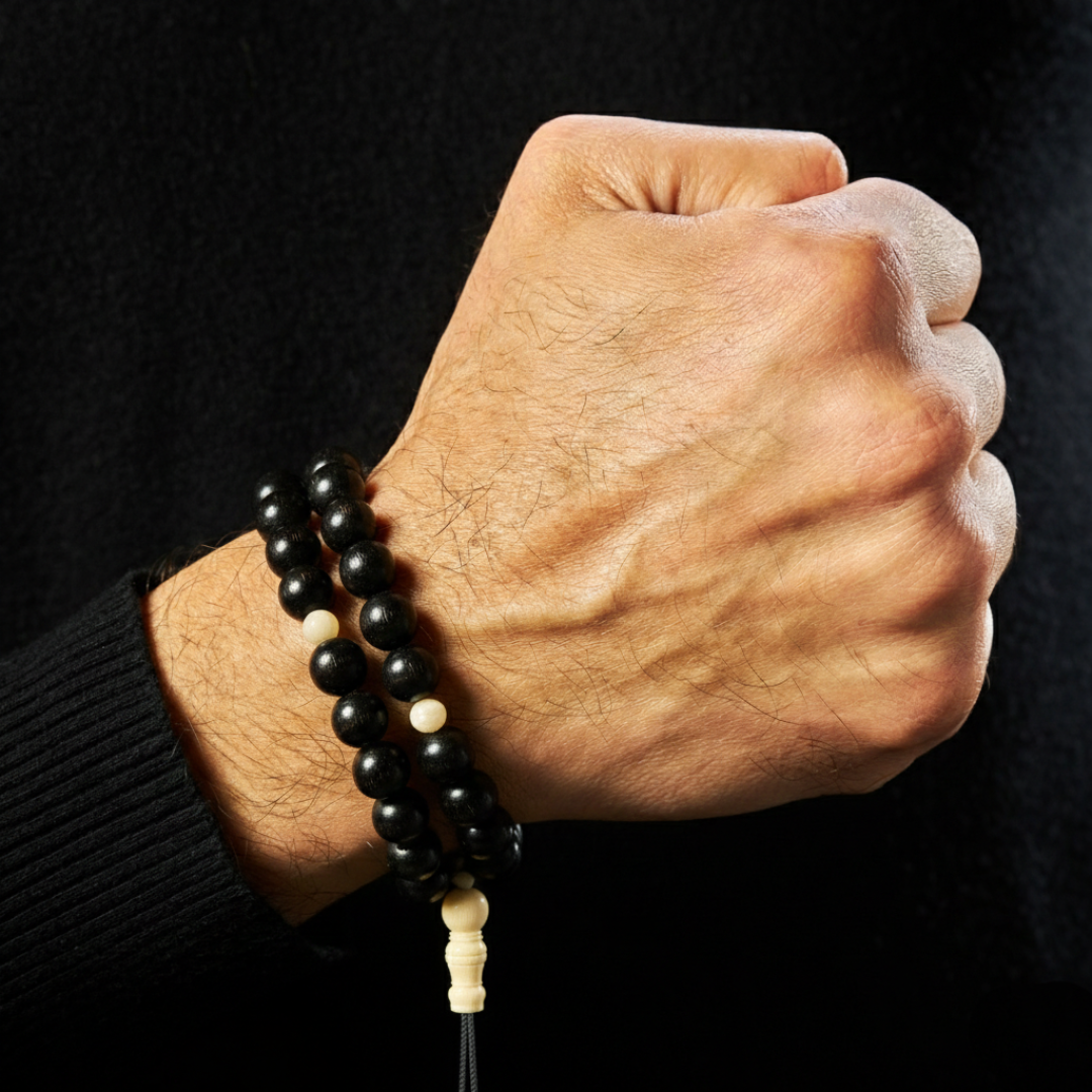 The Voyager Misbaha Bracelet: Ebony & Golden Ovis (Unisex) - 33 Beads, 10mm