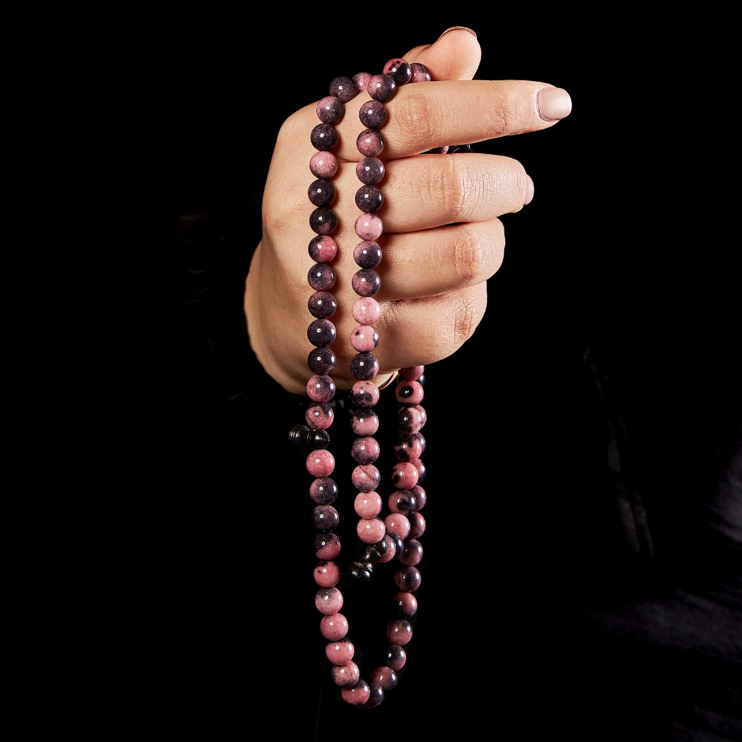 The Rhodus Misbaha: Rhodonite and Ebony - 99 Beads, 8mm