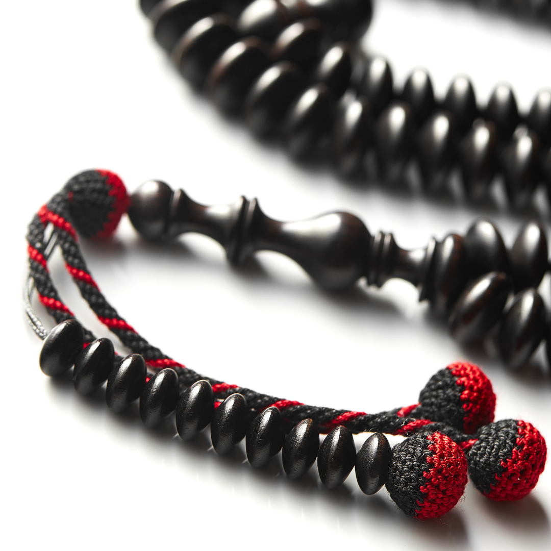 The Dignified Disks Misbaha (Artisanal Tassels):  Exotic Ebony - 100 Beads, 14mm