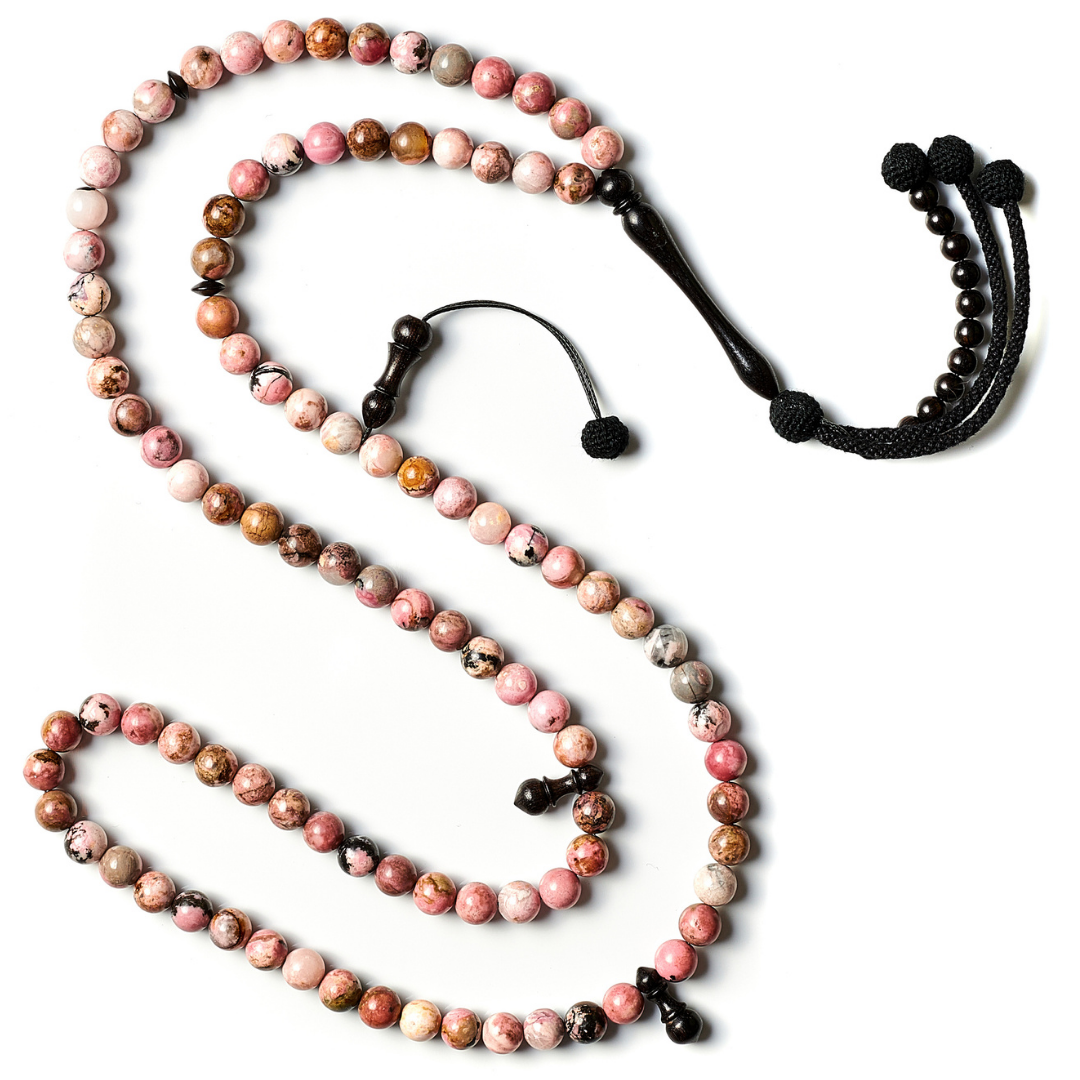 The Rhodus Misbaha: Rhodonite and Ebony - 99 Beads, 8mm