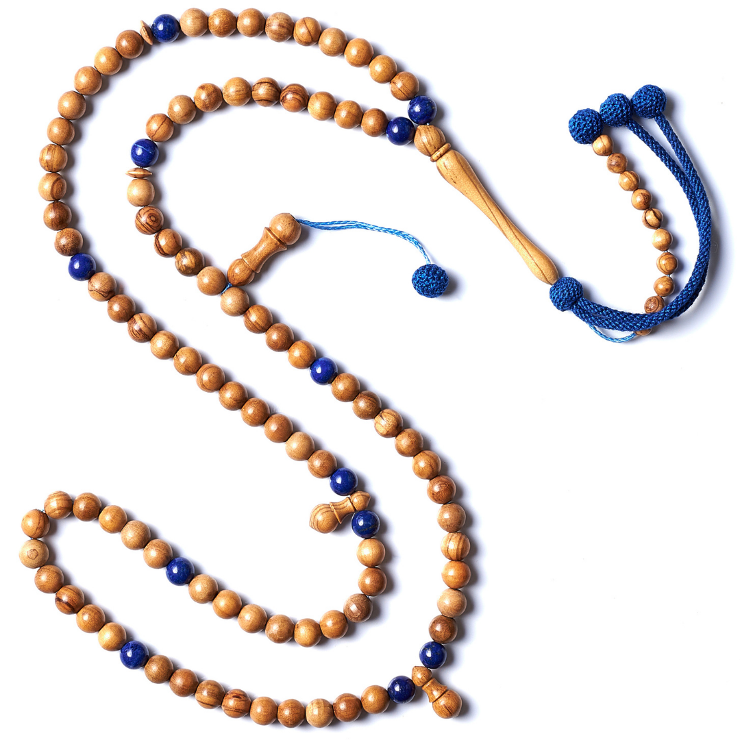 The Jerusalem Misbaha: Lapis Lazuli & Olive Wood, 99 Beads, 8mm