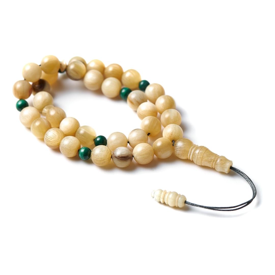 The Voyager Misbaha Bracelet: Golden Ovis & Malachite (Unisex) - 33 Beads, 10mm