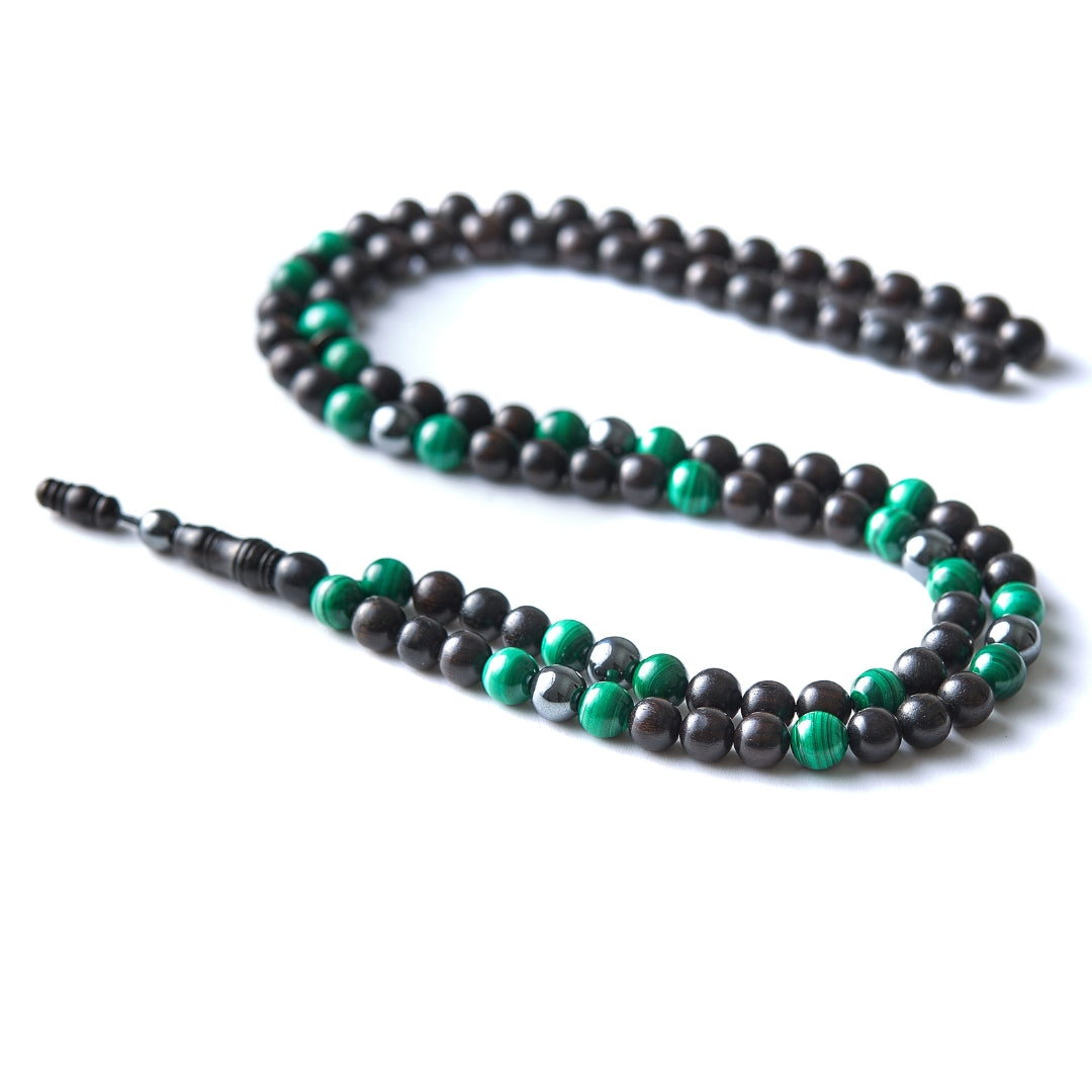 The Majestic Misbaha Necklace: Malachite, Hematite and Ebony- 99 Beads, 8mm