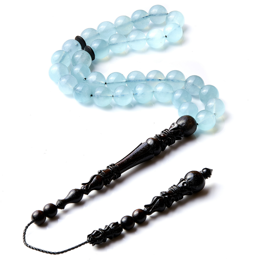 The Tranquility Misbaha: Aquamarine and Ebony - 33 Beads, 10 mm