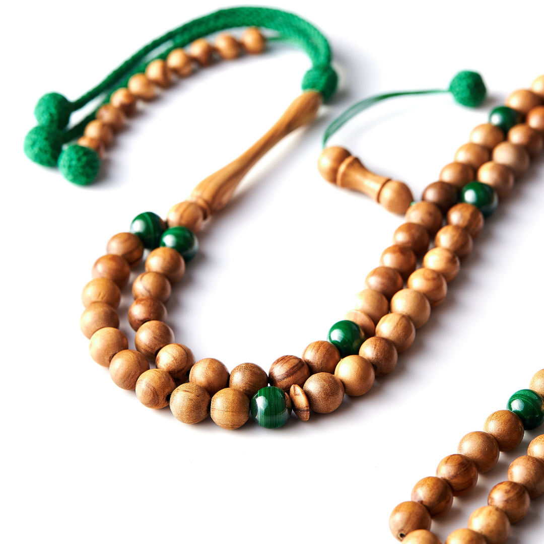 The Rawda Misbaha: Malachite and Olive Wood, 99 Beads, 8mm