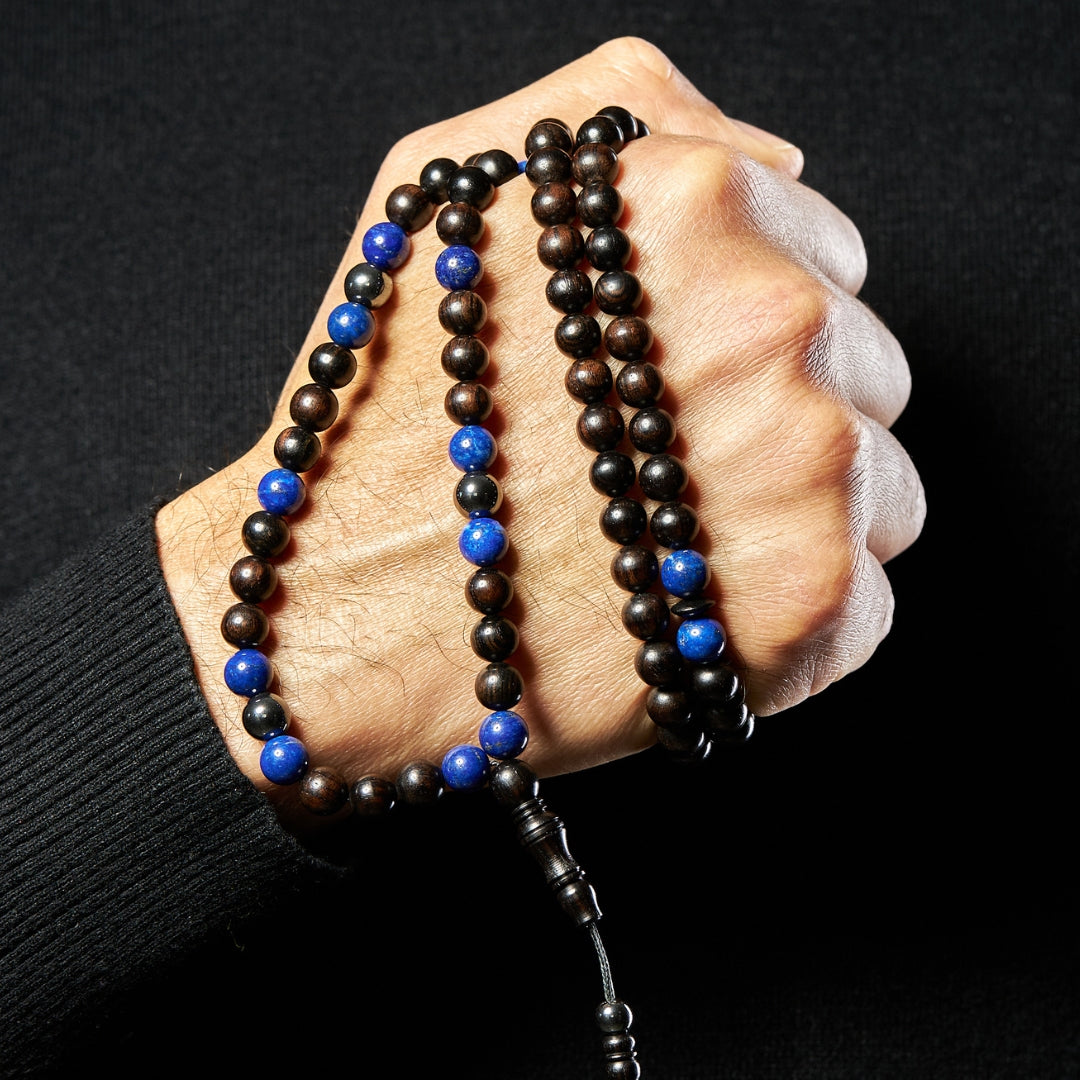The Latif Misbaha Necklace: Lapis Lazuli, Hematite, and Ebony - 99 Beads, 8mm