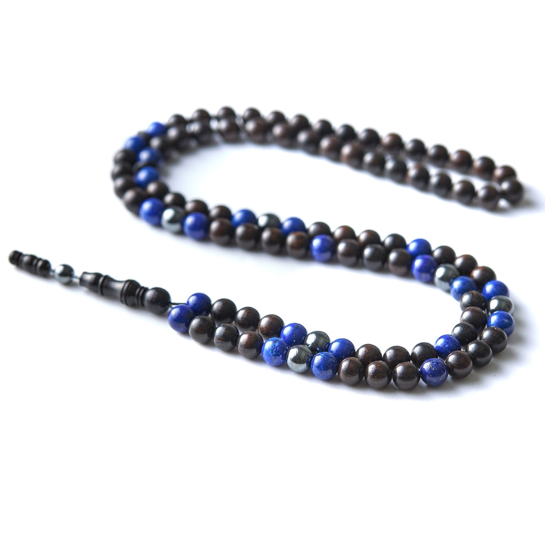 The Latif Misbaha Necklace: Lapis Lazuli, Hematite, and Ebony - 99 Beads, 8mm