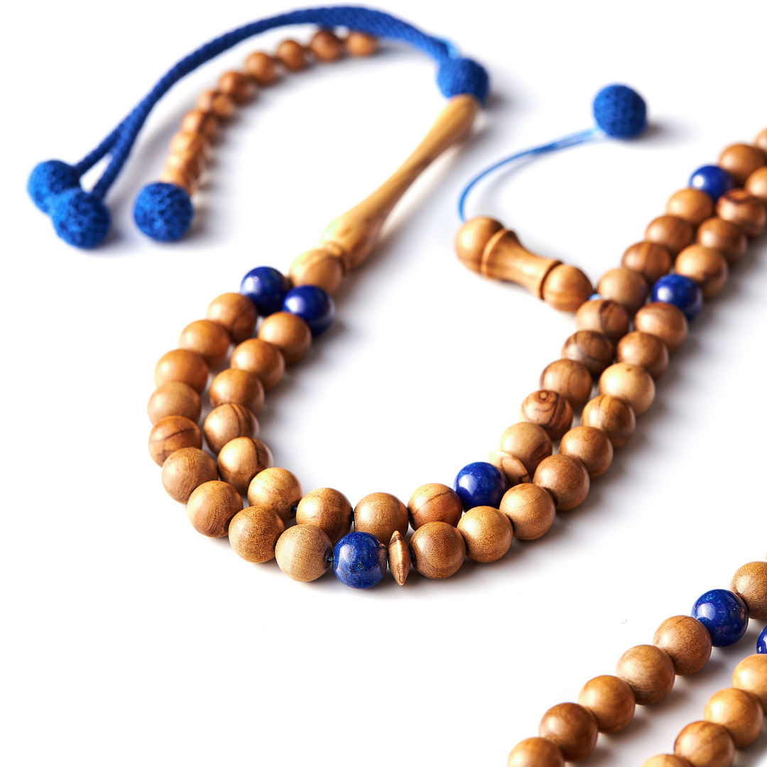 The Jerusalem Misbaha: Lapis Lazuli & Olive Wood, 99 Beads, 8mm