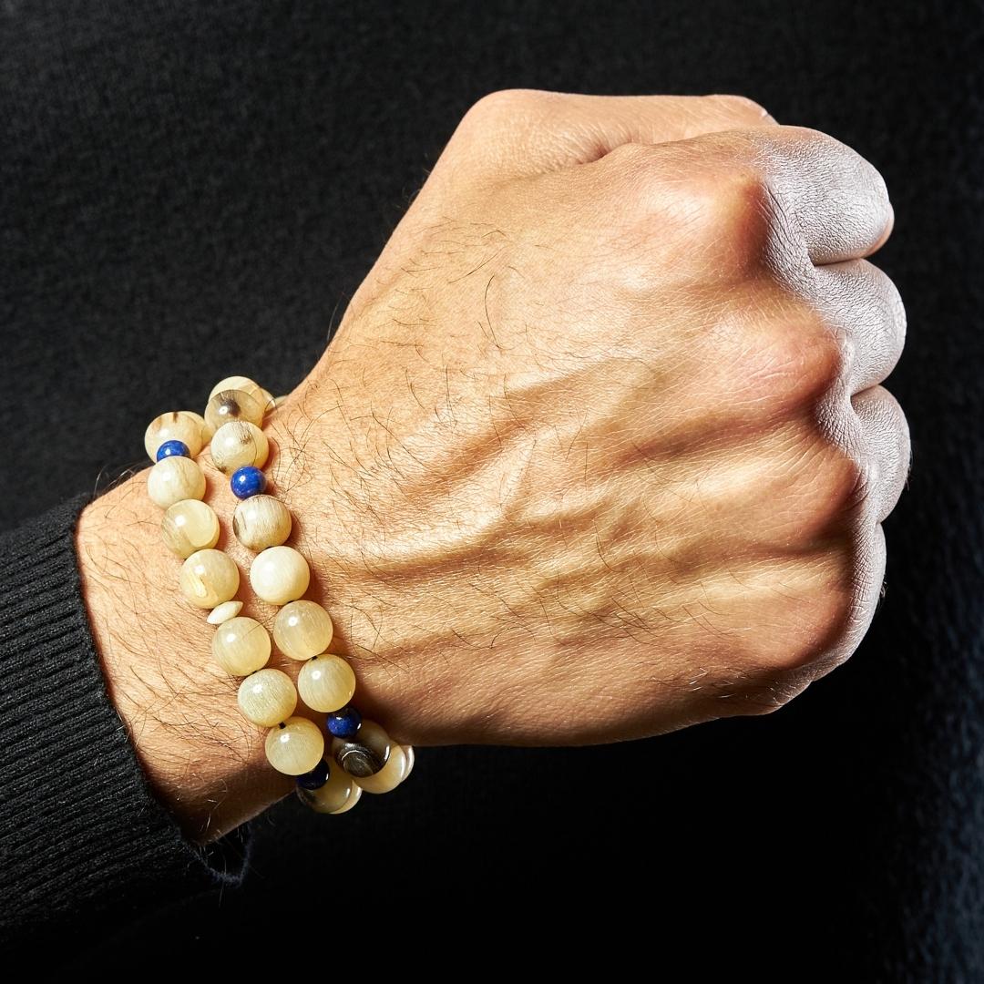 The Voyager Misbaha Bracelet: Golden Ovis & Lapis Lazuli (Unisex) - 33 Beads, 10mm