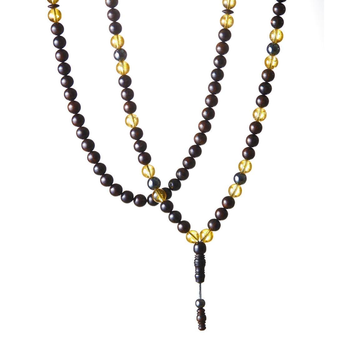 The Luminous Misbaha Necklace - Citrine, Hematite, and Ebony- 99 Beads, 8mm