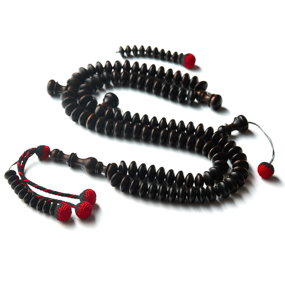 The Dignified Disks Misbaha (Artisanal Tassels):  Exotic Ebony - 100 Beads, 14mm