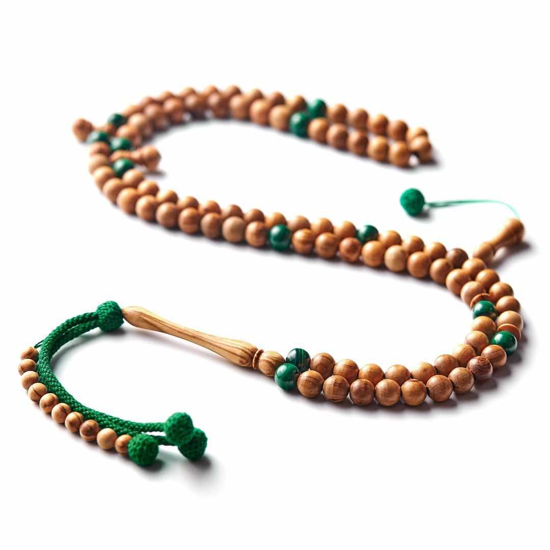 Blessed Olive Wood - Africana Collection - Malachite Gemstones Accented - 99 Beads-Islamic Prayer Beads- Tasbih-Misbah-سبحة-مسبحة-BasmalaBeads-Basmala