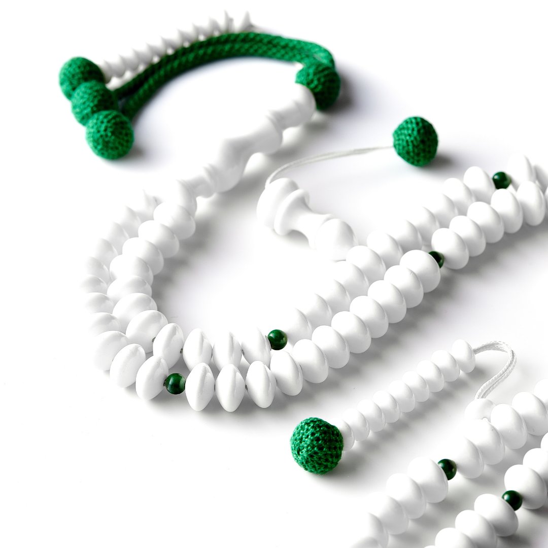 The Dignified Disks Misbaha: Malachite & Dromedary - 99 Beads, 12mm