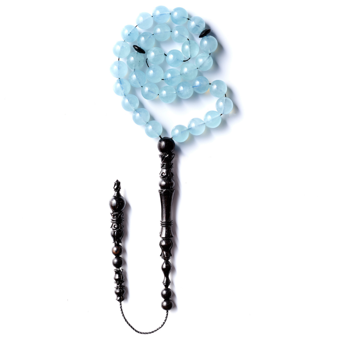 The Tranquility Misbaha: Aquamarine and Ebony - 33 Beads, 10 mm